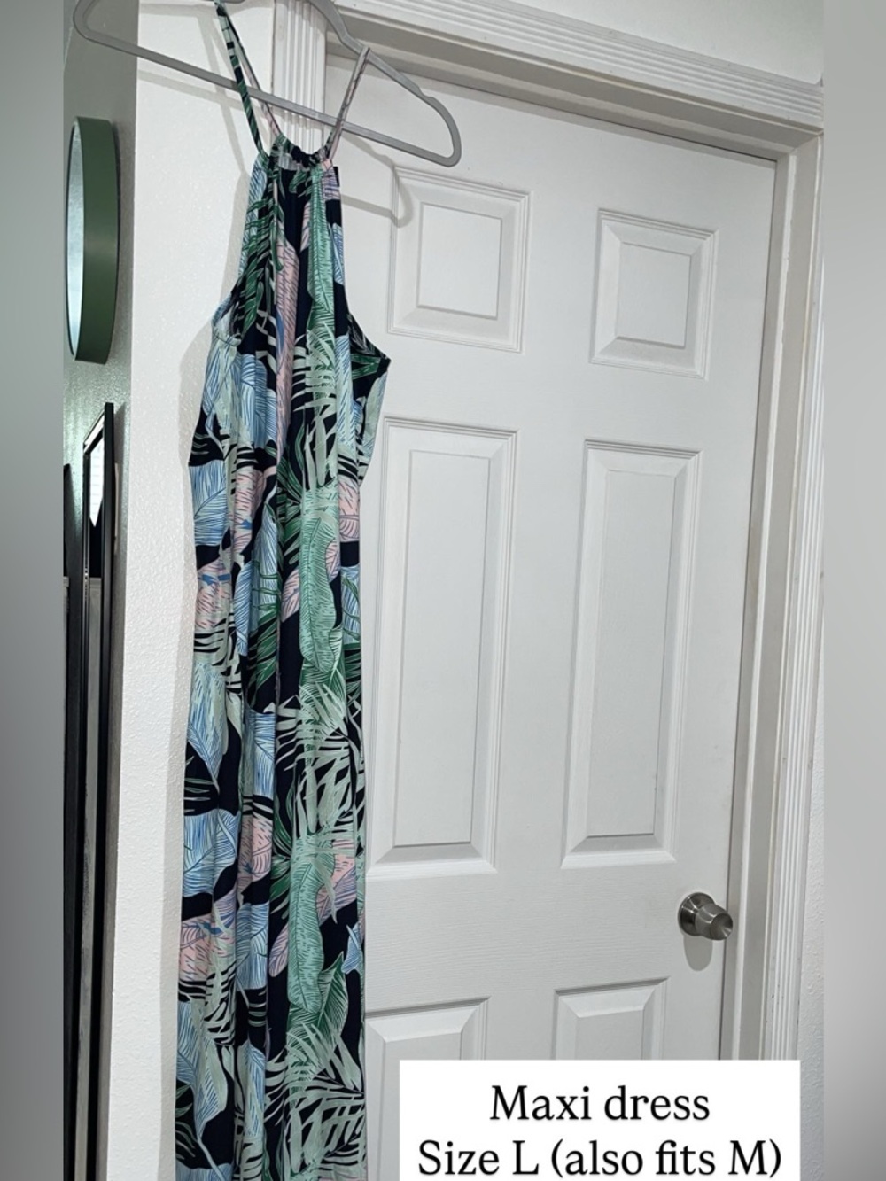 Tropical Leaf Maxi Dress in Navy with Mint & Blush